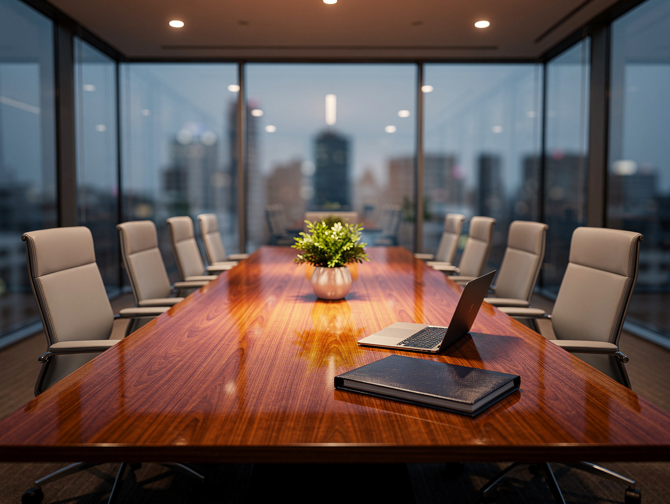 Executive boardroom table with bilingual documents and laptop
