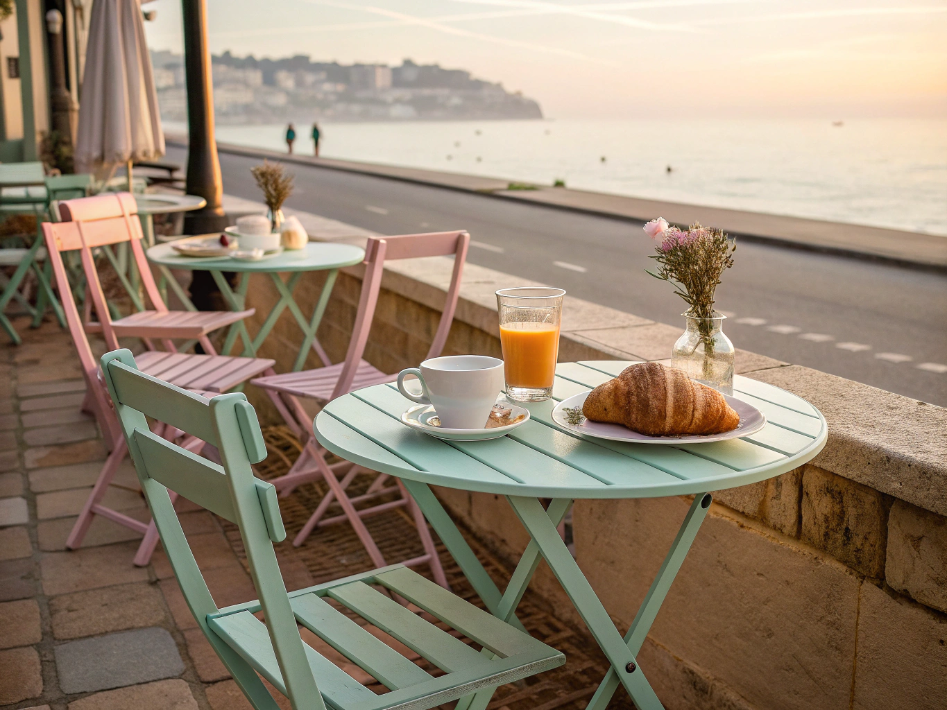 Morning Parisian café terrace with an espresso and guidebook