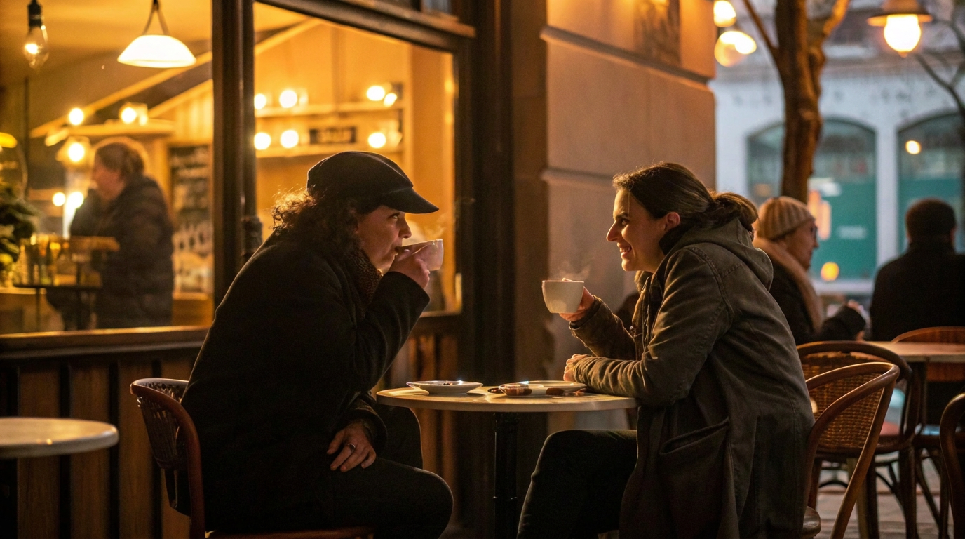Two adult learners chatting over coffee at a café table