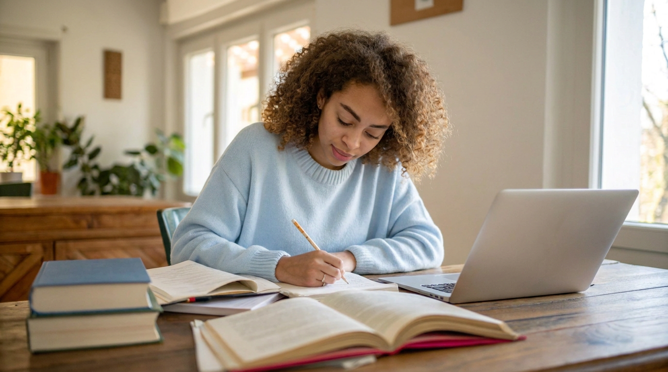 One adult learner seen from across a wooden table, writing in a notebook in warm window light