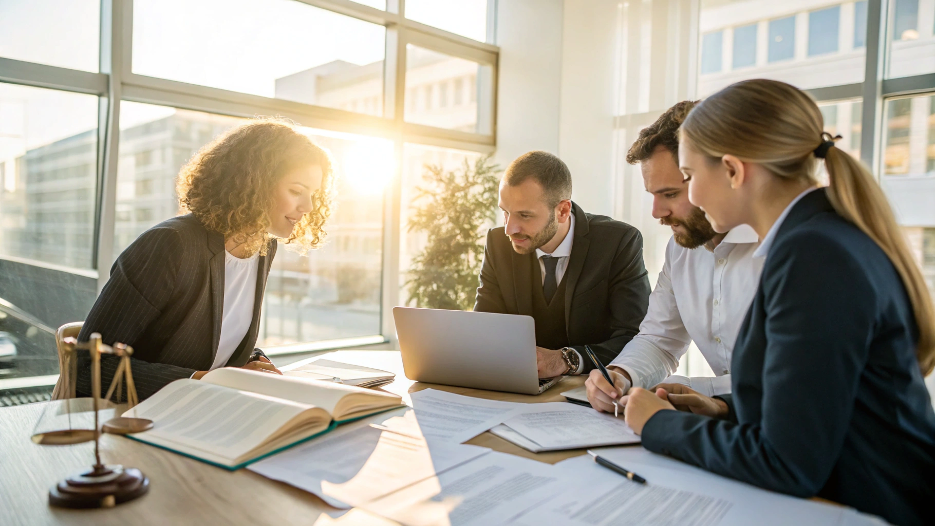 Professionals in a medical, business and legal setting reviewing documents together
